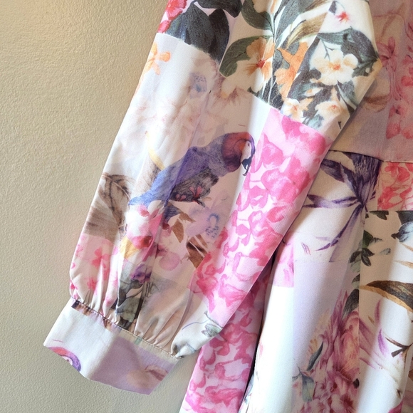 Annick Patchwork Tropical Floral Animal Print Midi Feminine Long Sleeve Dress S - Picture 8 of 13